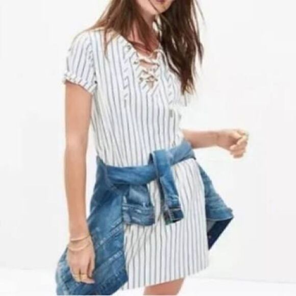 Madewell Harbor Lace-Up Shift Dress Striped White Blue Sz XXS F2186 - Picture 7 of 7